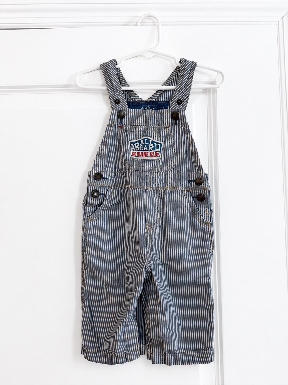 Vintage 90s OshKosh Genuine Baby Railroad Stripe Overalls 9M All Aboard